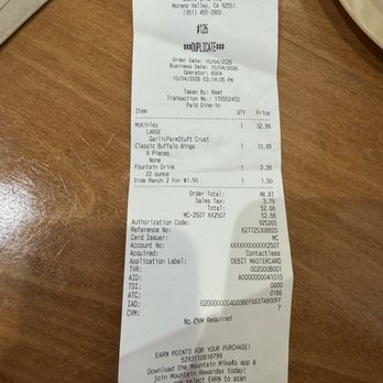 Mountain Mike's Pizza - Receipt for large garlic parm stuffed pizza, wings, 2 ranch, and one drink. - Pizza Near Me - Moreno Valley, California