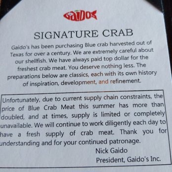 Gaido's - Never thought I'd see a blue crab shortage - Seafood Near Me - Galveston, Texas Gaido's - Never thought I'd see a blue crab shortage - Seafood Near Me - Galveston, Texas