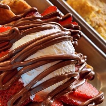 Waffle Love - a waffle covered in chocolate and strawberries - Waffles Near Me - Northridge, California Waffle Love - a waffle covered in chocolate and strawberries - Waffles Near Me - Northridge, California