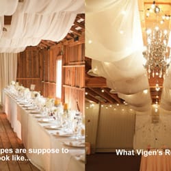 Vigen's Party Rentals - Did not turn out the way I wanted it but the chandelier & string lights enhanced the drab drapes.