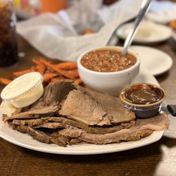 Thig's Bbq House & Catering - Brisket with baked beans and sweet potato fries - Barbeque Near Me - Jacksonville, North Carolina Thig's Bbq House & Catering - Brisket with baked beans and sweet potato fries - Barbeque Near Me - Jacksonville, North Carolina