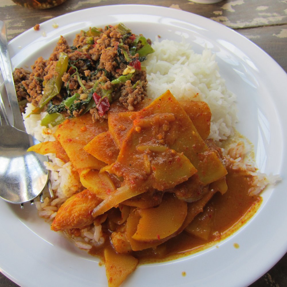 Khao Kang - fish in yellow curry with sour bamboo shoots + pork basil - Thai Near Me - Elmhurst, New York Khao Kang - fish in yellow curry with sour bamboo shoots + pork basil - Thai Near Me - Elmhurst, New York