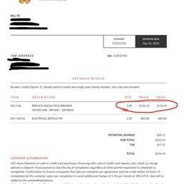 Estimate showing a $116 charge for a less than $10 breaker.