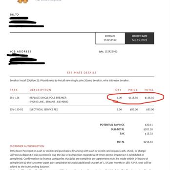 Wagner - Estimate showing a $116 charge for a less than $10 breaker. - Heating & Air Conditioning/HVAC Near Me - Albuquerque, New Mexico