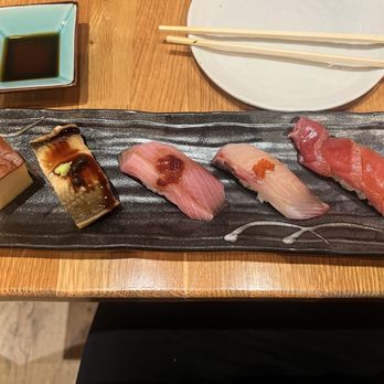 Sushi Maruyama - from RIGHT to LEFT: fatty bluefish tuna (toro), Japanese striped jack, wild jumbo yellowtail (buri), Japanese sea eel (anago), egg castella - Japanese Near Me - San Mateo, California Sushi Maruyama - from RIGHT to LEFT: fatty bluefish tuna (toro), Japanese striped jack, wild jumbo yellowtail (buri), Japanese sea eel (anago), egg castella - Japanese Near Me - San Mateo, California