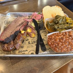 2 Meat (brisket & jalapeno cheddar sausage) with Collard Greens & Smoked Baked Beans