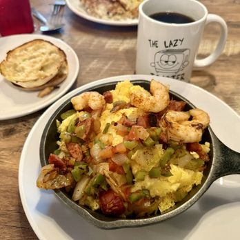 The Lazy Toaster - Very small shrimp & grits with an English muffin - Breakfast & Brunch Near Me - East Tawas, Michigan The Lazy Toaster - Very small shrimp & grits with an English muffin - Breakfast & Brunch Near Me - East Tawas, Michigan