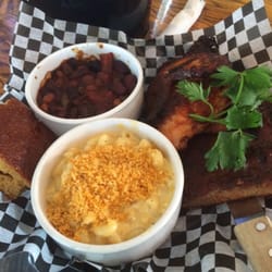 Dr J's Bbq & Brews - The Chicken & Ribs Platter w/Mac & Cheese and baked beans.