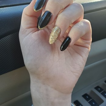 Riviera Nail and Spa - Tips with black gel and gold glitter - Nail Salons Near Me - Staten Island, New York