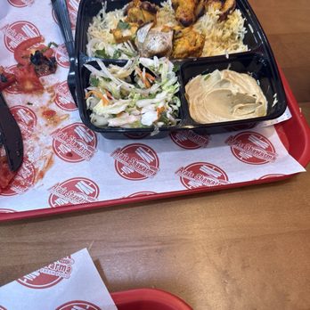 Ara's Shawarma - Chicken kabob, hummus, their terrific cabbage slaw, rice, onions, parsley and hot pepper. Their lavash isn't pictured but it's wonderful. - Mediterranean Near Me - Encino, California