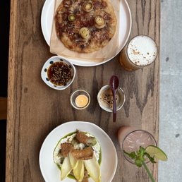 Chicken pajeon, tofu yogurt spread, soobak mocktail, soojung cocktail, hojicha pudding.