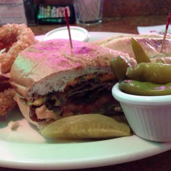 Maxwells Pub & Grill - The California Steak Sandwich with Hand Dipped Beer Battered Onion Rings and a side of Sport Peppers. - Pubs Near Me - Beaverton, Oregon