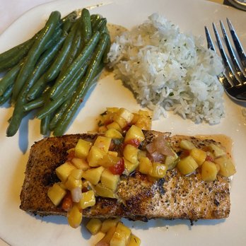 Bonefish Grill - Atlantic Salmon with mango salsa, Jasmine Rice and green beans - Seafood Near Me - Greensboro, North Carolina Bonefish Grill - Atlantic Salmon with mango salsa, Jasmine Rice and green beans - Seafood Near Me - Greensboro, North Carolina