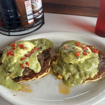The Pan - Brisket and poached eggs on a cornmeal pancake with salsa verde crema. - Pizza Near Me - Gardena, California The Pan - Brisket and poached eggs on a cornmeal pancake with salsa verde crema. - Pizza Near Me - Gardena, California