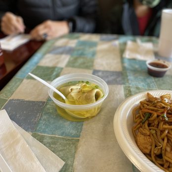 Joy House - a plate of noodles and a bowl of soup - Chinese Near Me - Dublin, Ohio
