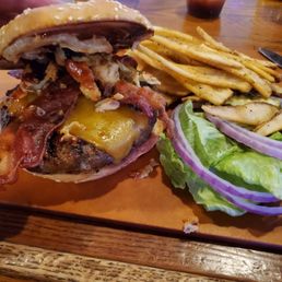 Bbq bacon cheese burger with fries. Bbq bacon cheese burger with fries.