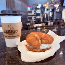 Mugs Coffee - Cinnamon Toast latte and Chicken Salad Sandwich on croissant