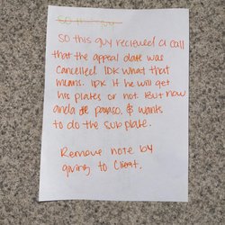 Rapid Insurance & DMV Services - Employee of rapid dmv services leaving a note for other employee talking ish about me (the client) with new registration paperwork
