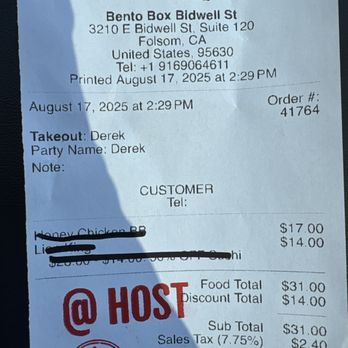 Bento Box - Receipt - Sushi Bars Near Me - Folsom, California
