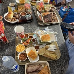 Knights' Smokehouse BBQ - Assortment of items (ribs, brisket, cornbread, mac and cheese, pulled pork, grilled pork, bbq beans, mashed potatoes, corn, etc)