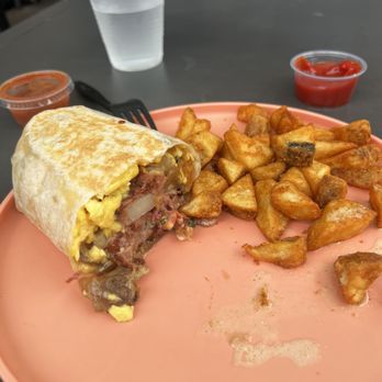Burnt Crumbs - Pastrami breakfast burrito with potatoes - New American Near Me - Irvine, California