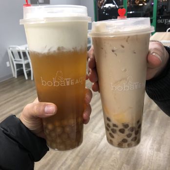 bobaTEAque - Cheese foam Jasmine green tea w/ boba + Ceylon black milk tea w/ boba - Bubble Tea Near Me - Orange, California bobaTEAque - Cheese foam Jasmine green tea w/ boba + Ceylon black milk tea w/ boba - Bubble Tea Near Me - Orange, California