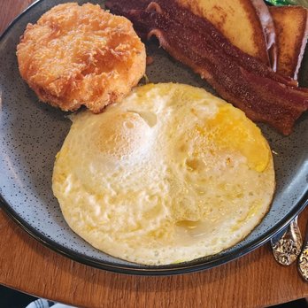 Either-Or - Basic breakfast food.  Four more pieces of bacon were on a separate plate. - Salad Near Me - Des Moines, Iowa