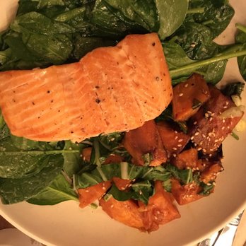 Flower Child - Salmon with sweet potato and spinach - Salad Near Me - Houston, Texas