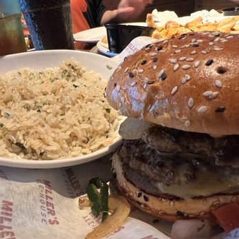 Miller's Ale House - SMASHED QUESO BURGER with cilantro lime rice - Sports Bars Near Me - Watchung, New Jersey
