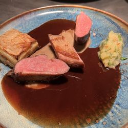 Duck, millefeuille of celeriac and winter melon relish
