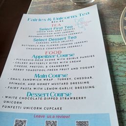 The menu for afternoon tea