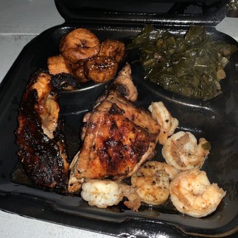 Doc's Street Grill - Shrimp and jerk chicken with plantains and steamed greens - Chicken Wings Near Me - Roanoke, Texas