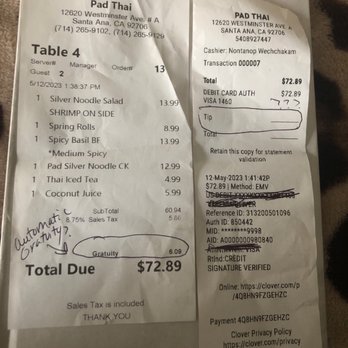 Pad Thai - Receipts showing automatic tip added and credit card record showing place to add a tip! Can be tricked into over tipping if not careful! - Thai Near Me - Santa Ana, California Pad Thai - Receipts showing automatic tip added and credit card record showing place to add a tip! Can be tricked into over tipping if not careful! - Thai Near Me - Santa Ana, California