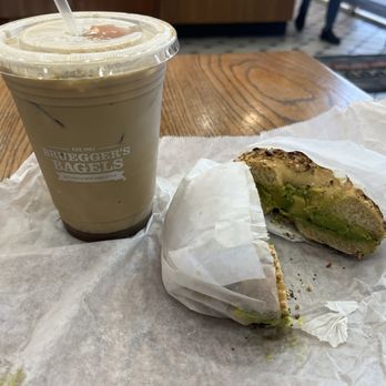 Bruegger's Bagels - Everything bagel with avocado and vanilla cold brew - Bagels Near Me - Irvine, California