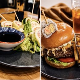Sushi, burger, and fries.