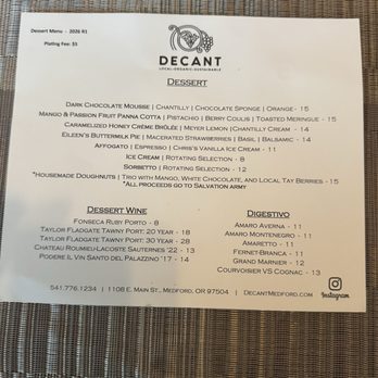 Decant - Dessert Menu - New American Near Me - Medford, Oregon Decant - Dessert Menu - New American Near Me - Medford, Oregon