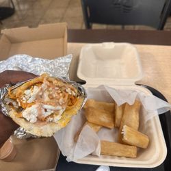 Chicken Stuffed Arepa with Yuca fries