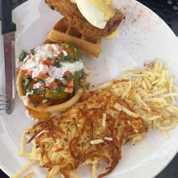 Broken Yolk Cafe - South of the Border Benedict and Chicken & Waffle Benedict - Breakfast & Brunch Near Me - Costa Mesa, California