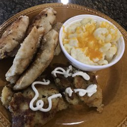 Nearly Naked Chicken Tenders with mac n cheese and potato cakes. Very good! Nearly Naked Chicken Tenders with mac n cheese and potato cakes. Very good!