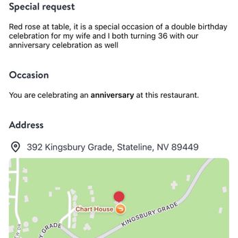Chart House - Special request for anniversary dinner - Seafood Near Me - Stateline, Nevada
