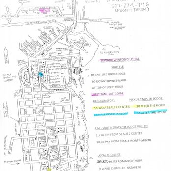 Seward Windsong Lodge - Map of Seward w/ Windsong shuttle stops (once an hour in 2 different places) - Hotels Near Me - Seward, Alaska Seward Windsong Lodge - Map of Seward w/ Windsong shuttle stops (once an hour in 2 different places) - Hotels Near Me - Seward, Alaska
