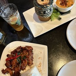Garlic chicken and red curry- happy hour specials. about 12 bucks each.