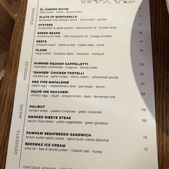 Wildweed - Menu - A printed menu from Wildweed restaurant in Cincinnati, OH, listing dishes such as oysters, green beans, clams, and desserts like honey ice cream, with prices. - New American Near Me - Cincinnati, Ohio