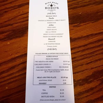Miss Mary Bobo's Restaurant - Menu dec 2021 - Southern Near Me - Lynchburg, Tennessee Miss Mary Bobo's Restaurant - Menu dec 2021 - Southern Near Me - Lynchburg, Tennessee