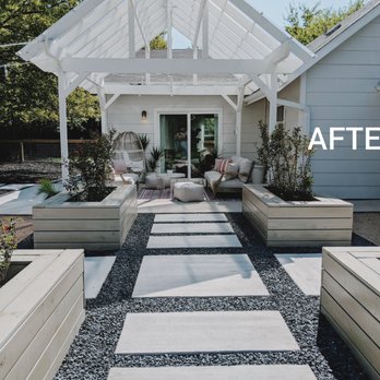 Remodel Boutique - TX Black star hardscaping with stepping stones, crepe myrtles boxed out to provide additional seating; new pergola - General Contractors Near Me - Austin, Texas
