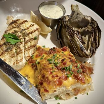 Pismo's Coastal Grill - Halibut, potatoes au gratin, artichoke - Seafood Near Me - Fresno, California Pismo's Coastal Grill - Halibut, potatoes au gratin, artichoke - Seafood Near Me - Fresno, California