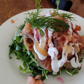 Farm House Local - Smoked salmon celery potato on top of salad - New American Near Me - Larkspur, California Farm House Local - Smoked salmon celery potato on top of salad - New American Near Me - Larkspur, California