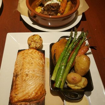 Seasons 52 - (Top) Boneless Beef Short Rib, (Bottom) Cedar Plank-Roasted Salmon with Veggies - New American Near Me - Columbia, Maryland Seasons 52 - (Top) Boneless Beef Short Rib, (Bottom) Cedar Plank-Roasted Salmon with Veggies - New American Near Me - Columbia, Maryland