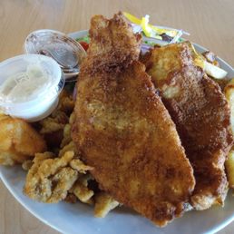 Platter for 2 ($40). 2 fish pieces, 4 scallops, clam, fries and salad. Platter for 2 ($40). 2 fish pieces, 4 scallops, clam, fries and salad.