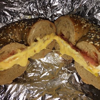 Bakin Bagels - Taylor ham egg and cheese on a whole wheat everything. I asked for extra egg - Bagels Near Me - Maywood, New Jersey